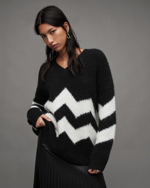AllSaints Gray Ziggi Zig Zag Striped V-neck Sweater
