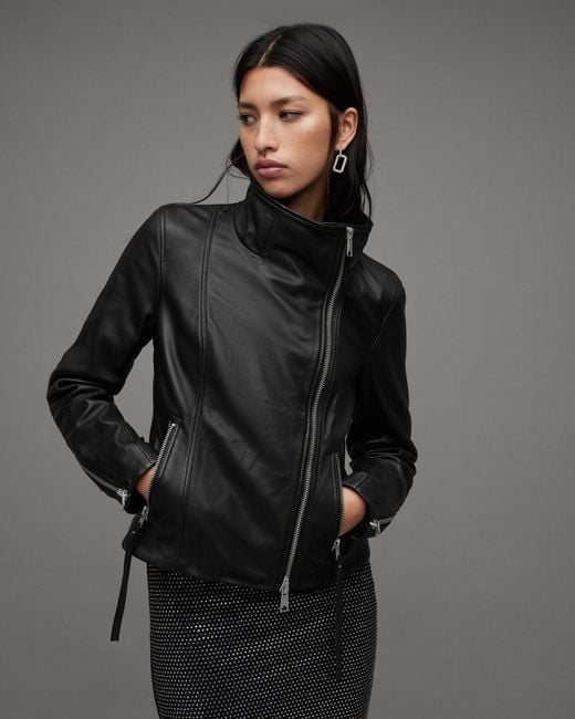 AllSaints Black Ellis Funnel Neck Leather Biker Jacket