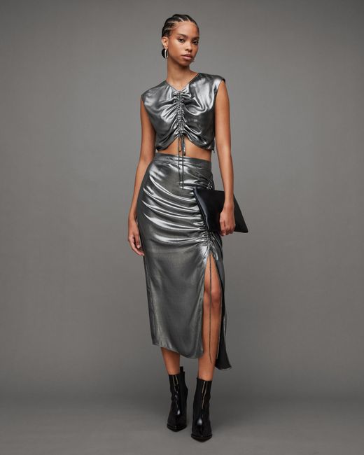AllSaints Gray Carla Gathered Metallic Midi Skirt