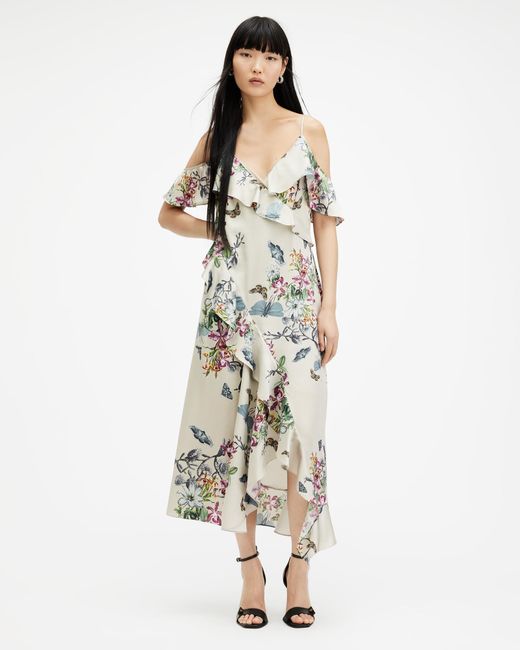 AllSaints Multicolor Orion V-neck Floral Print Midi Dress