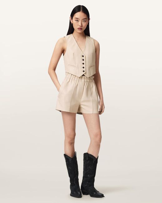 AllSaints Natural Fran High Rise Leather Shorts