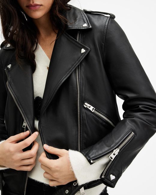 AllSaints Black Balfern Heart Stud Leather Biker Jacket
