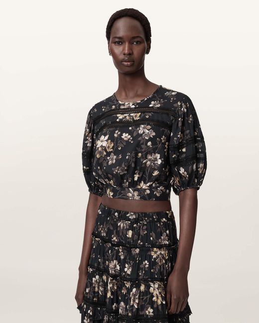 AllSaints Black Polyester Peony Lace Trim Cropped Top, /Us 2