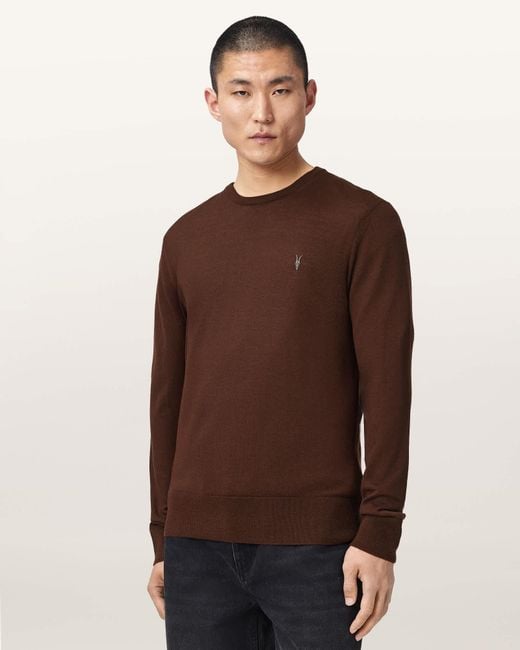 AllSaints Black Mode Merino Crew Neck Ramskull Jumper,, Coffee for men