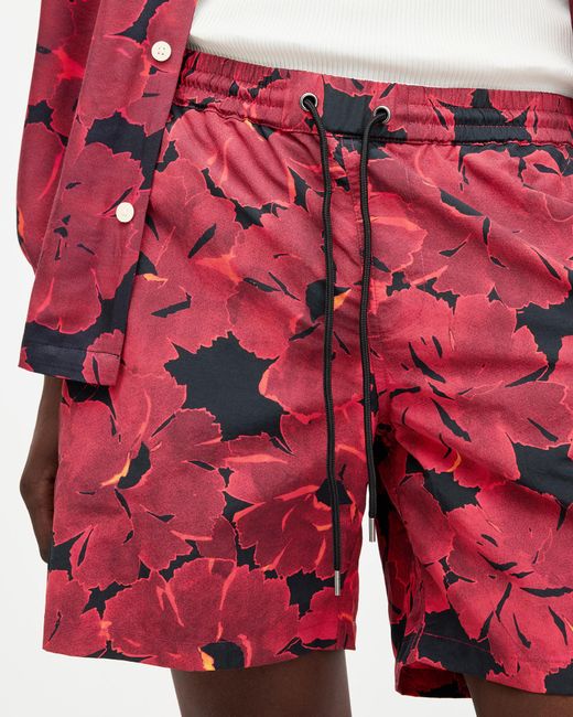 AllSaints Red Kaza Elasticated Waist Floral Swimshorts for men