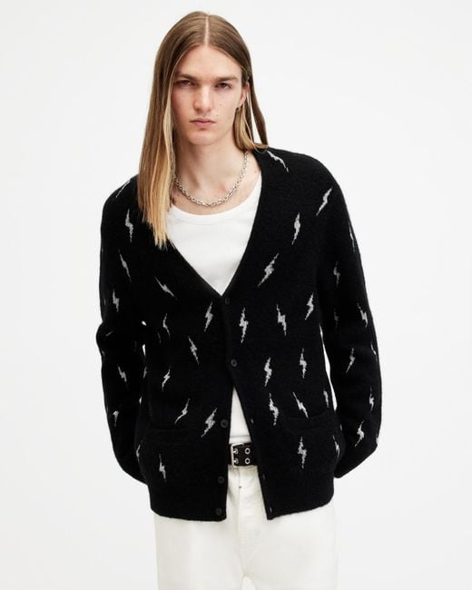 AllSaints Black Zap V-neck Lightning Motif Cardigan for men