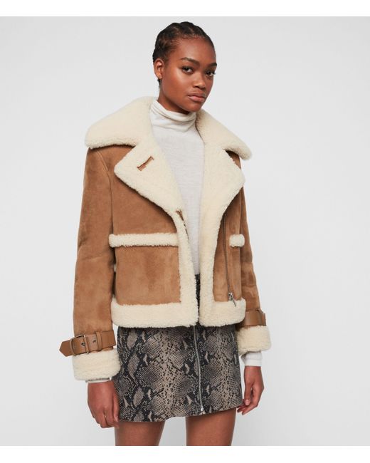 AllSaints Farley Shearling Biker Jacket in Brown | Lyst Australia