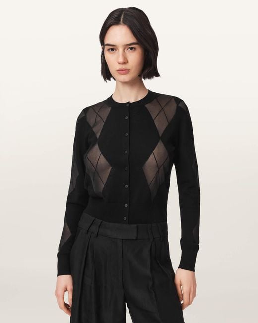 AllSaints Black Bern Wool Blend Argyle Cardigan