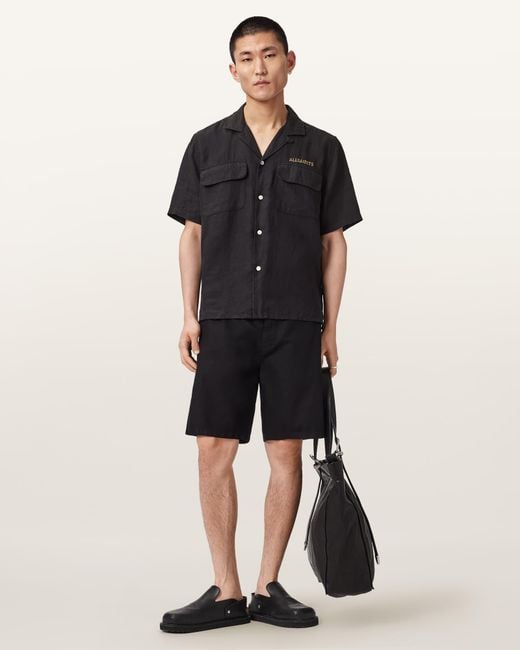 AllSaints Black Corbett Relaxed Fit Linen Blend Shorts for men