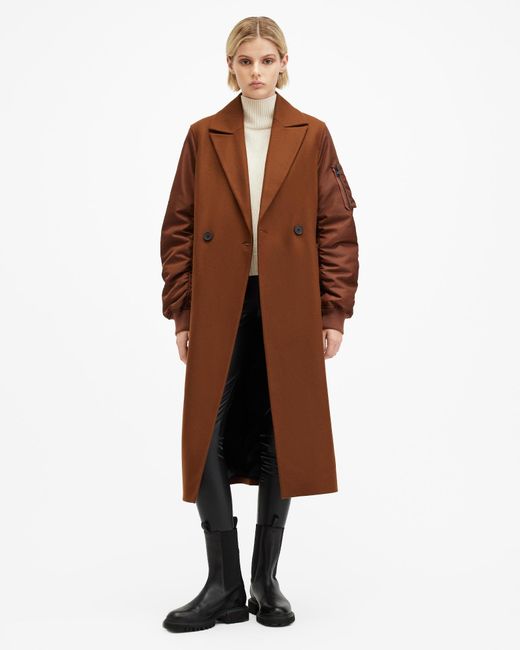 AllSaints Brown Wool-Blend Double-Breasted Coat with Bomber Sleeves