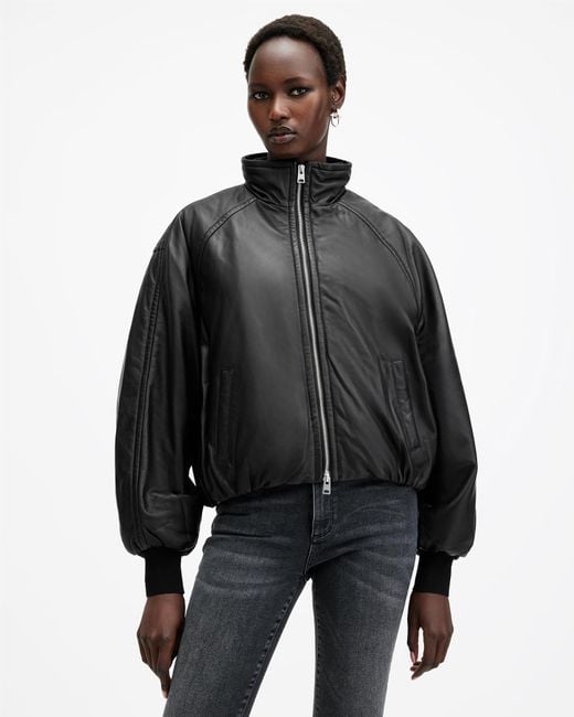 AllSaints Black Rowan Funnel Neck Leather Bomber Jacket