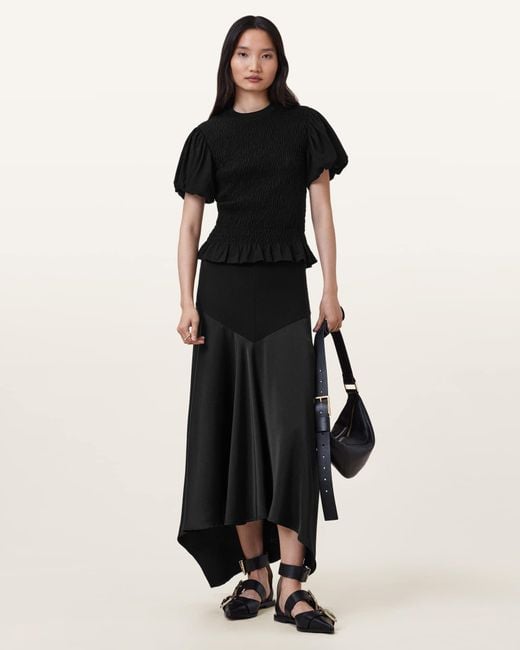 AllSaints Black Pia Satin Asymmetric Maxi Skirt