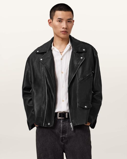 AllSaints Black Bradford Oversized Leather Biker Jacket for men