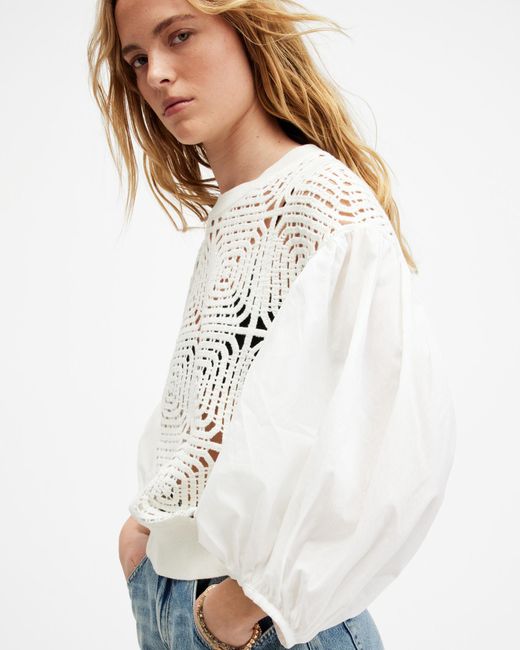 AllSaints White Sol Crochet Relaxed Fit Jumper,
