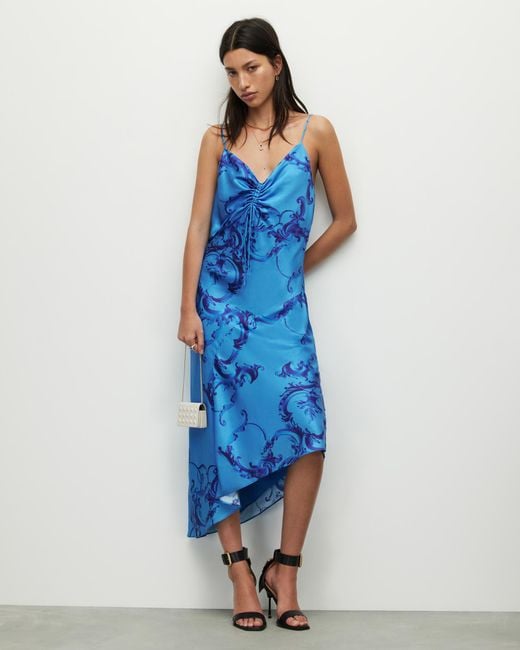 AllSaints Blue Alexia Isabella Silk Blend Midi Dress