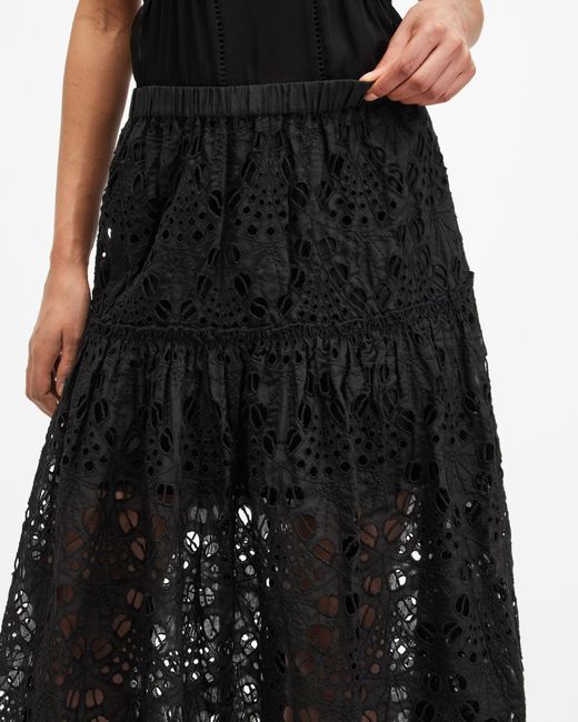 AllSaints Black Rosie Broderie Midi Skirt,