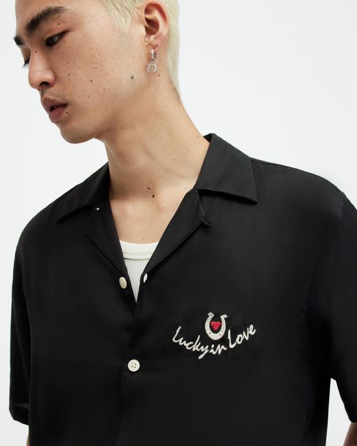 AllSaints Black Chanceux Embroidered Relaxed Fit Shirt for men