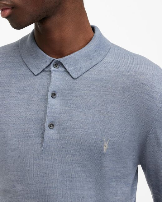AllSaints Blue Mode Merino Long Sleeve Polo Shirt, for men