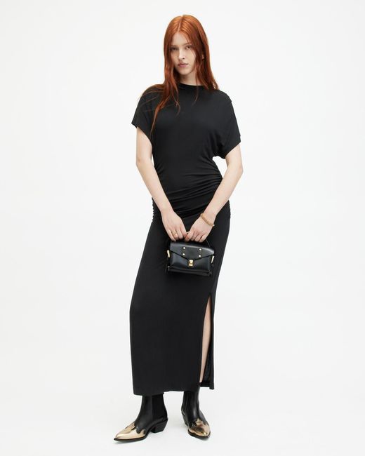 AllSaints Black Natalie Slim Fit Gathered Midi Dress