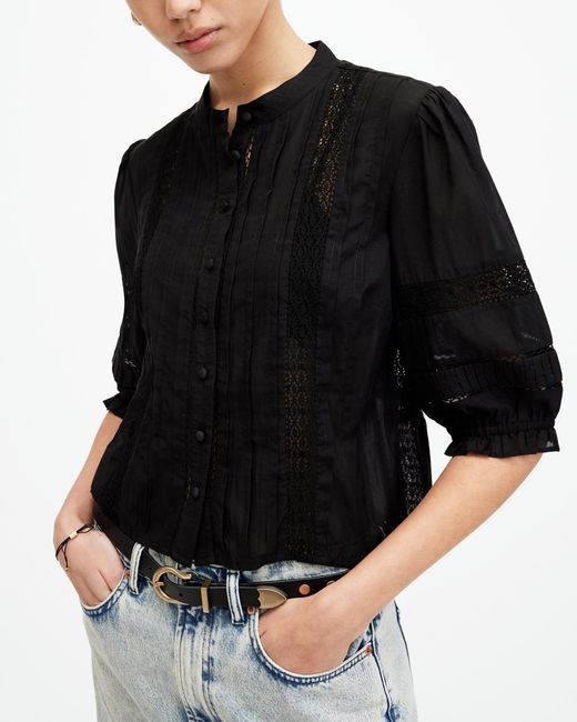 AllSaints Black Libby Slim Puff Sleeve Embroidered Shirt,