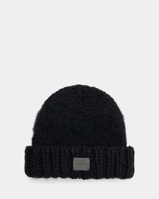 AllSaints Black Amber Logo Patch Beanie