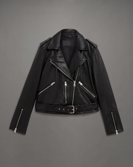 AllSaints Gray Balfern Belted Hem Leather Biker Jacket