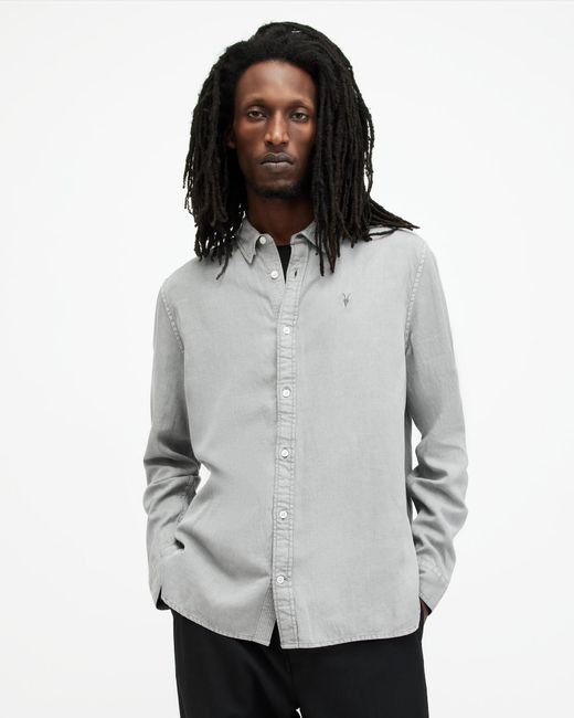 AllSaints Gray Laguna Linen Blend Shirt, for men