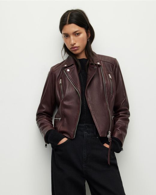 AllSaints Sienna Leather Biker Jacket in Brown | Lyst UK