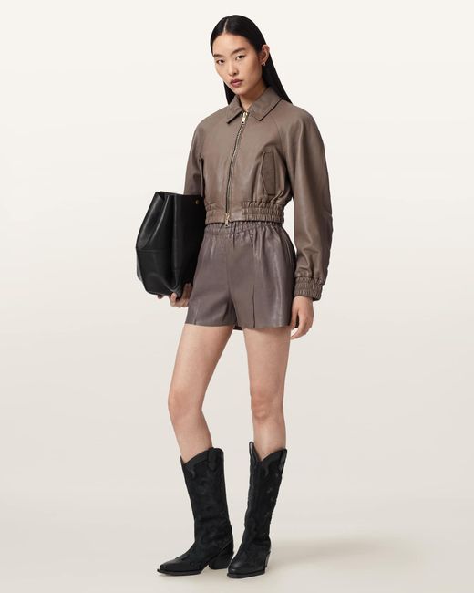 AllSaints Natural Anouk Cropped Leather Bomber Jacket