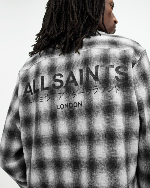 AllSaints Black Underground Logo Check Long Sleeve Shirt, for men