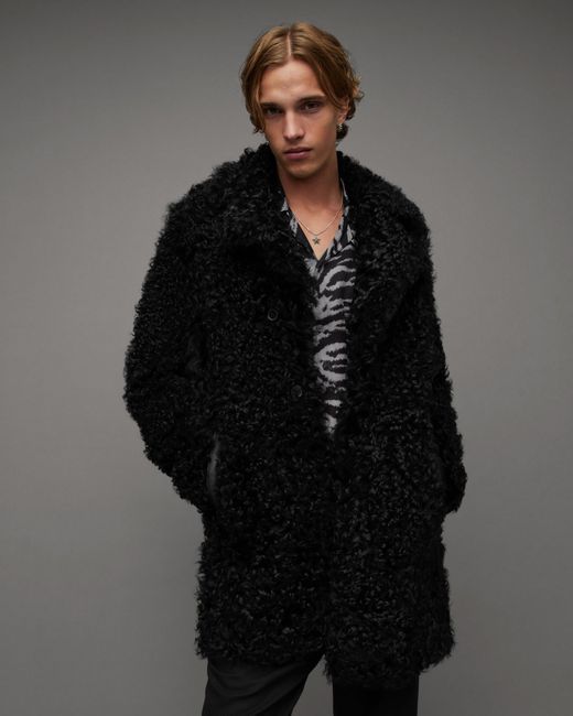 AllSaints Gray Stellar Relaxed Textured Shearling Coat for men