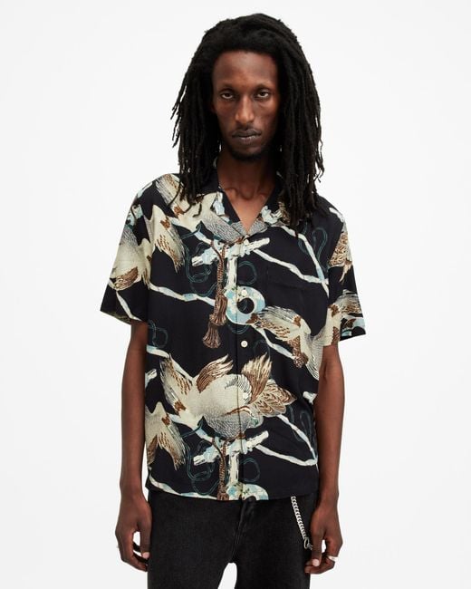 AllSaints Black Buzzard Printed Relaxed Fit Shirt for men