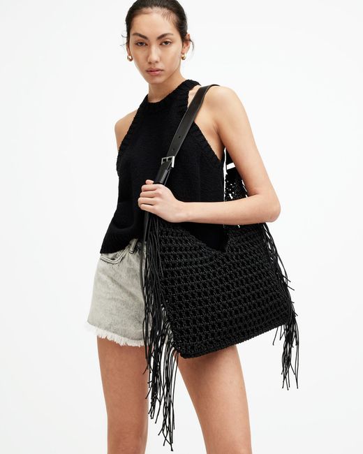 AllSaints Black Sabine Crochet Shoulder Bag