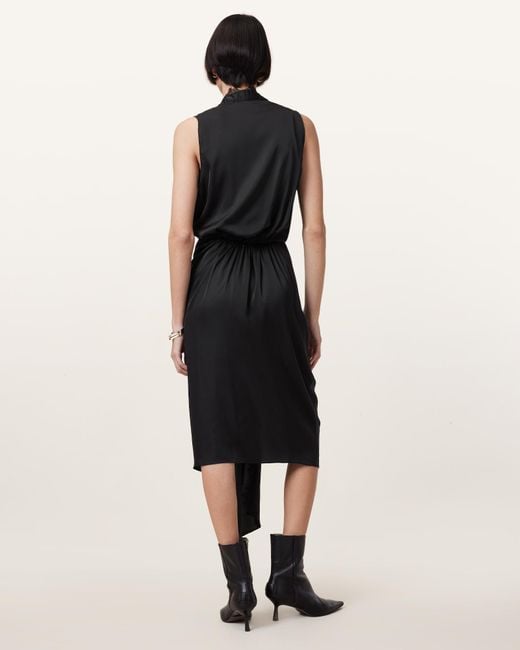 AllSaints Abi Lace Trim Draped Midi Dress in Black | Lyst