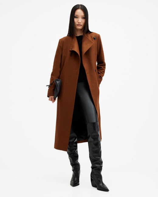 AllSaints Recycled Wool Blend Wrap Around Belted Coat in Brown Lyst UK