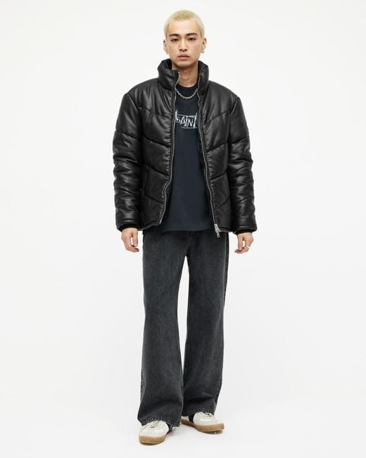 AllSaints Black Oversized Leather Raya Puffer Jacket for men