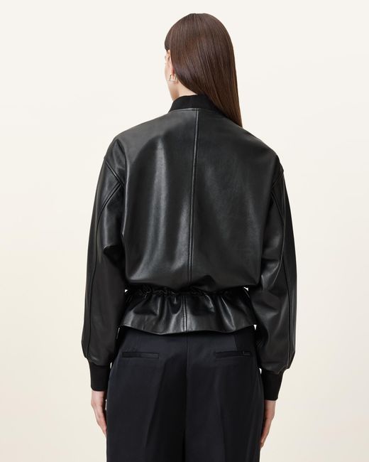 AllSaints Black Sofi Drawstring Leather Bomber Jacket