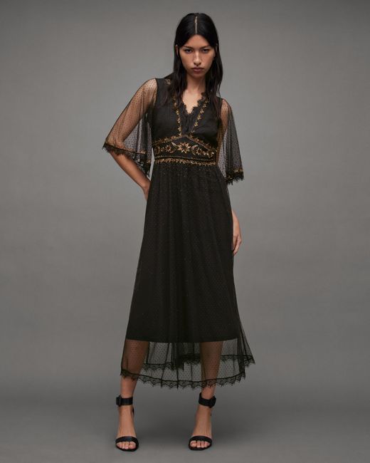 AllSaints Black Chaya Sheer Embellished Maxi Dress