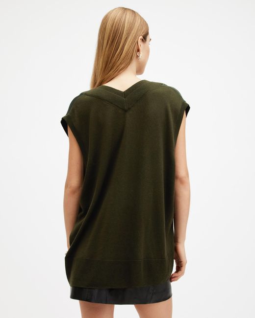 AllSaints Green Bern Merino Wool V-Neck Tank Top,, Tarmac