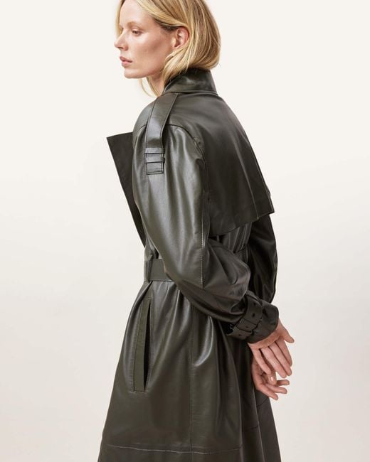 AllSaints Multicolor Inez Leather Long Trench Coat, Khaki