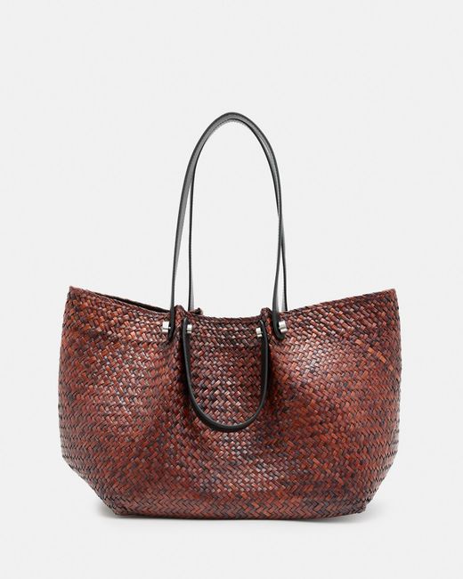 AllSaints Red Allington Straw Tote Bag