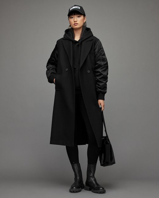 AllSaints Black Paulah Wool Blend Double Breasted Coat,