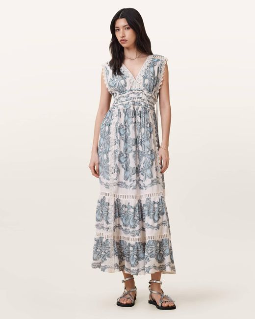 AllSaints White Xanthe Lace-Trimmed Maxi Dress