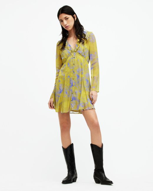 AllSaints Yellow Lini Inspiral V-neck Frill Mini Dress