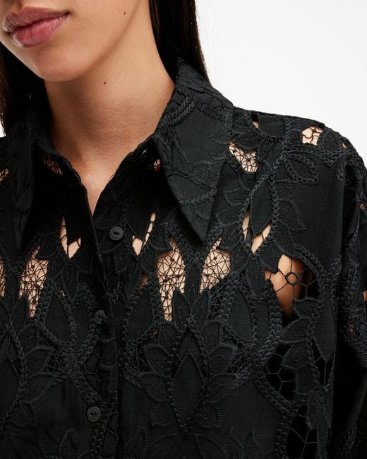 AllSaints Black Charli Relaxed Fit Embroidered Shirt