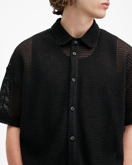 AllSaints Black Munroe Open Stitch Mesh Shirt for men