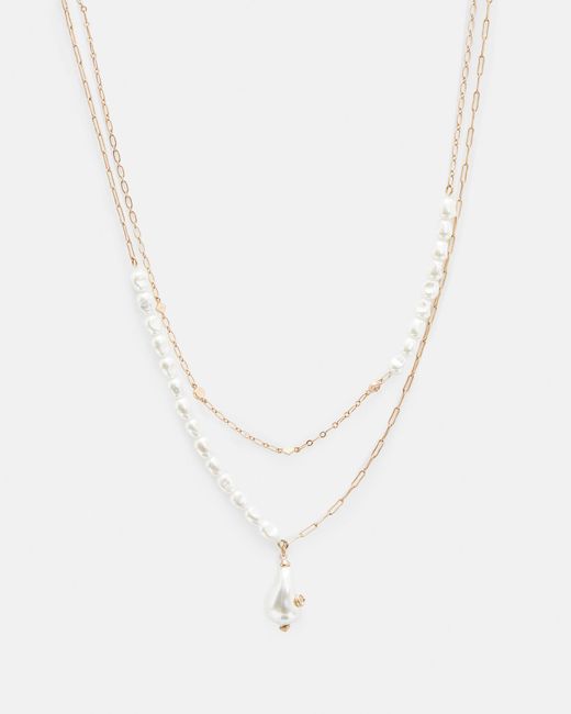 AllSaints White Shelby Pearl Pendant Gold Tone Necklace