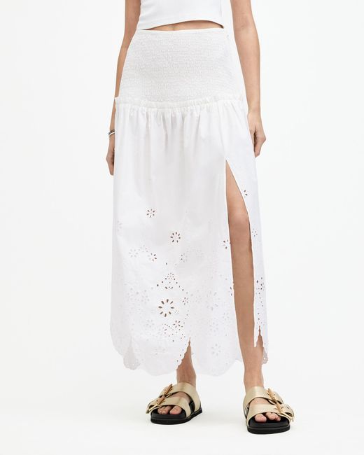 AllSaints White Alex Embroidered Broderie Midi Skirt