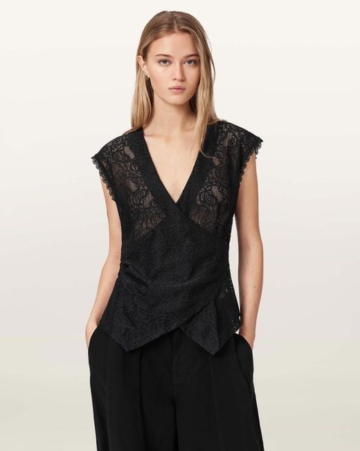 AllSaints Black Vera Sleeveless Wrap Blouse
