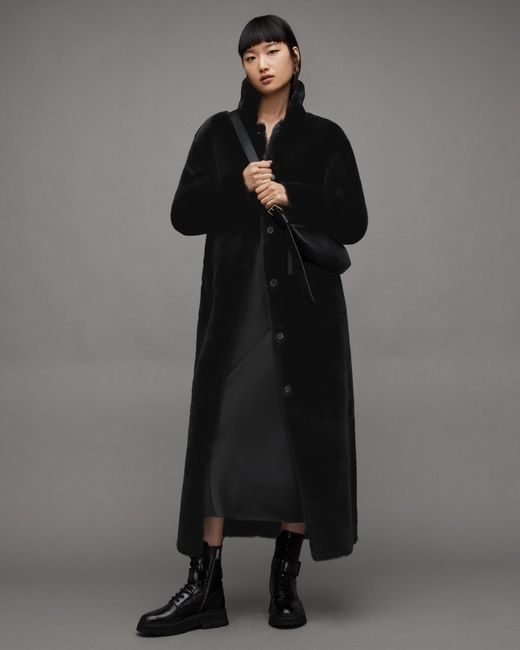 AllSaints Black Serra Reversible Maxi Shearling Coat,